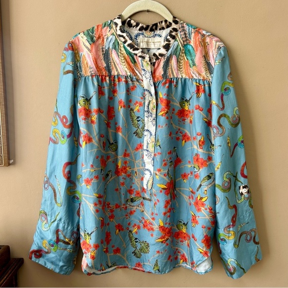 La Prestic Ouiston Romee Silk Blouse Popover Top Mixed Print Bird Snake Leopard - Picture 12 of 16